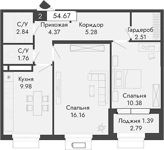 2-комн., 53.28 м²