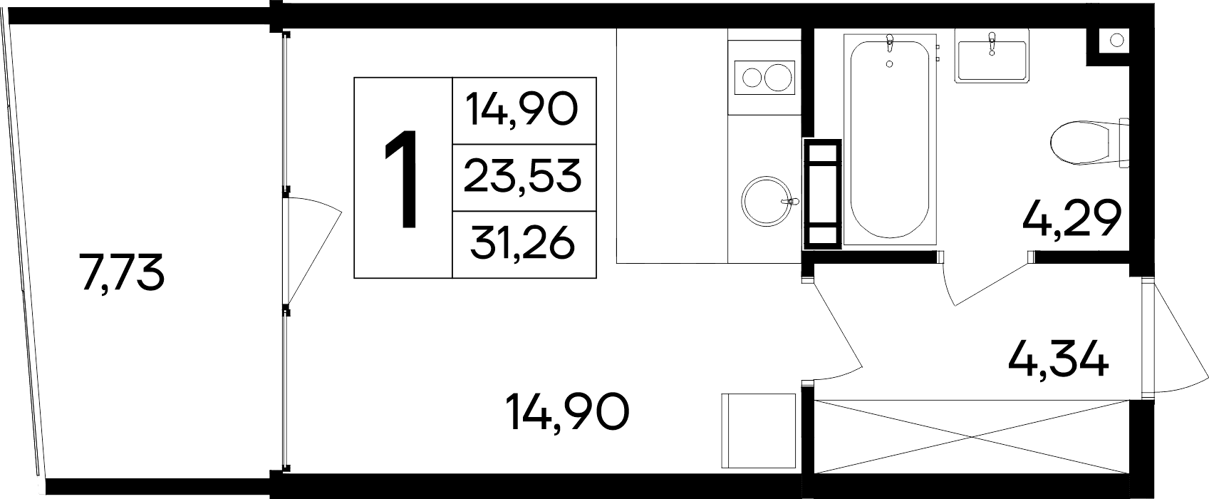 Студия, 23.53 м²