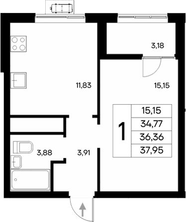 1-комн., 34.77 м²
