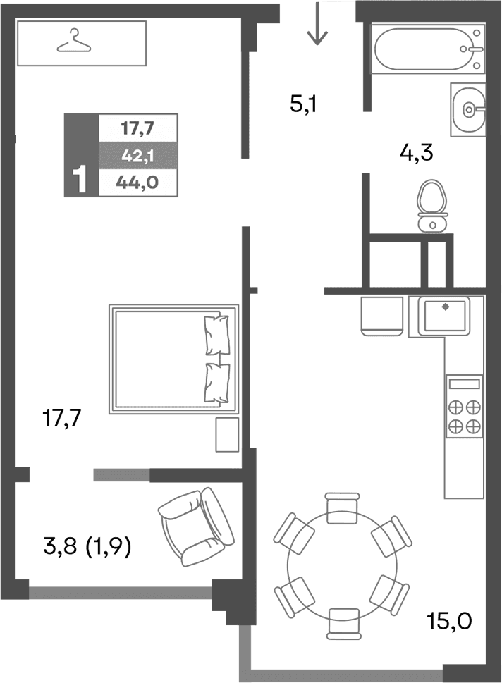 2-комн., 42.1 м²