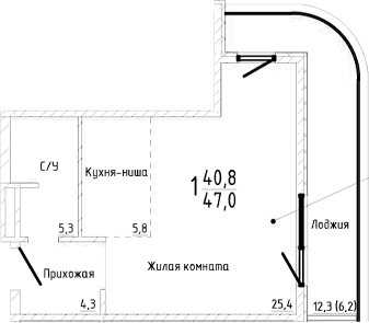 Студия, 40.8 м²