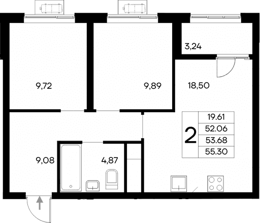 2-комн., 52.06 м²