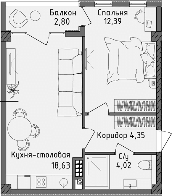 2-комн., 39.39 м²