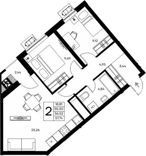 2-комн., 55.3 м²