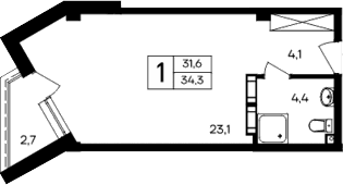 Студия, 31.6 м²