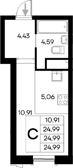 Студия, 24.99 м²