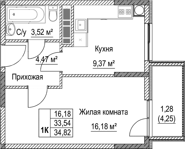 1-комн., 33.54 м²