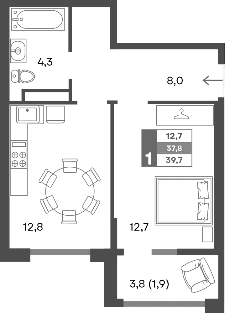 1-комн., 37.8 м²