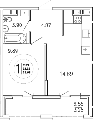 1-комн., 33.35 м²