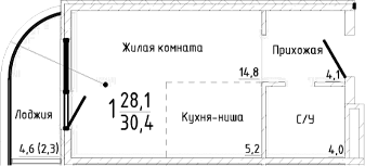 Студия, 28.1 м²