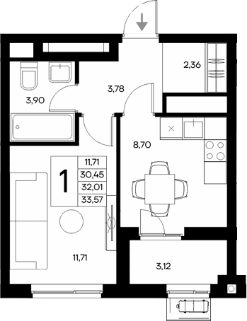 1-комн., 30.45 м²