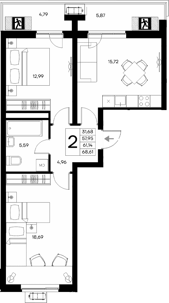 2-комн., 57.95 м²