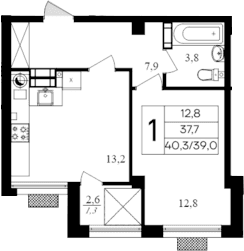 1-комн., 39 м²