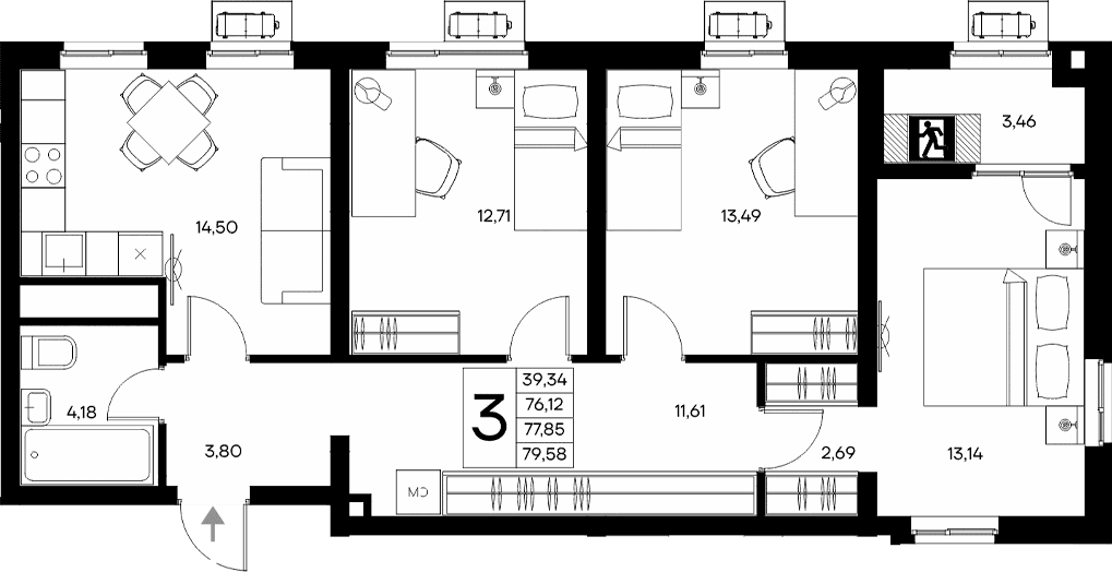 3-комн., 76.12 м²