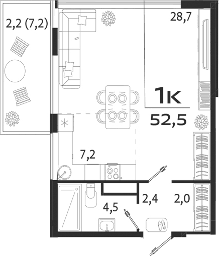 Студия, 44.8 м²