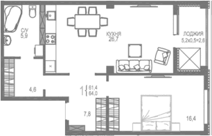 1-комн., 64 м²