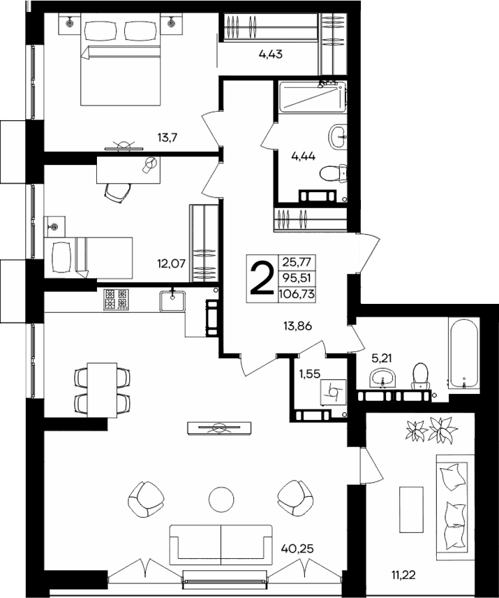 2-комн., 95.51 м²