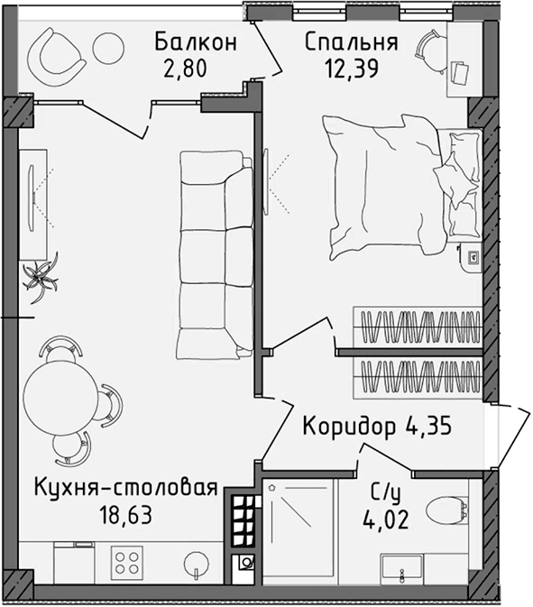 2-комн., 39.39 м²