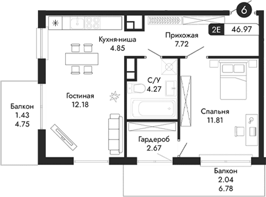 2-комн., 43.5 м²