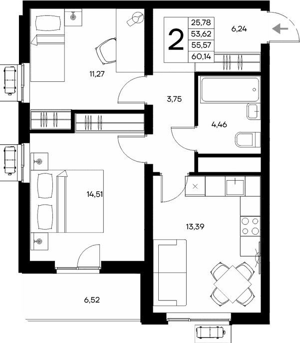 2-комн., 53.62 м²