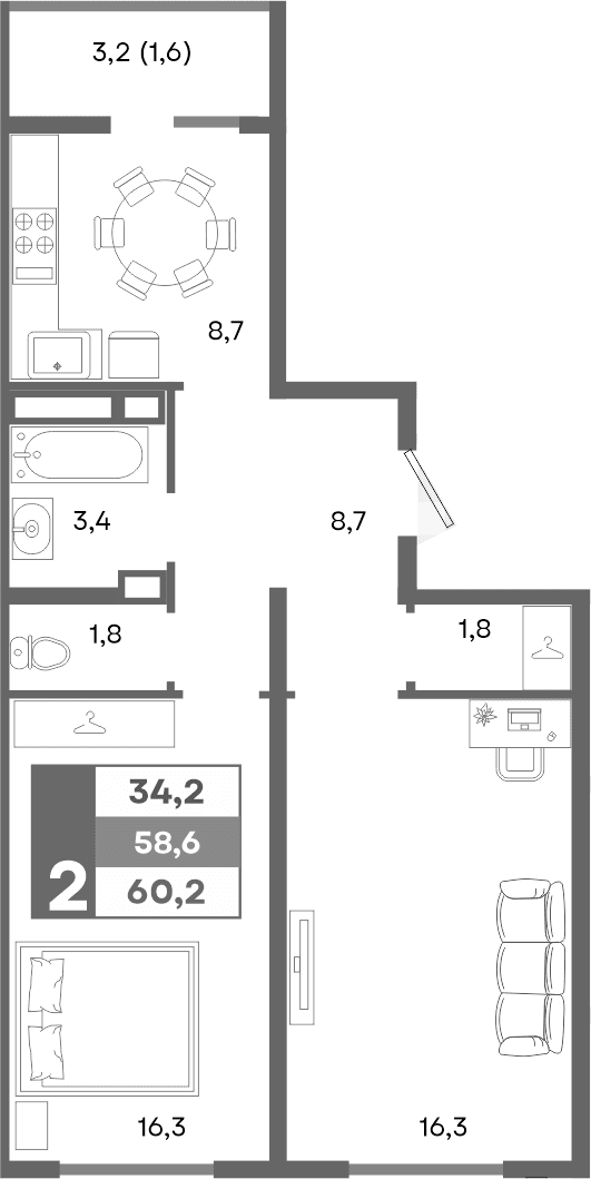 2-комн., 58.6 м²