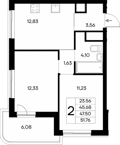 2-комн., 45.68 м²
