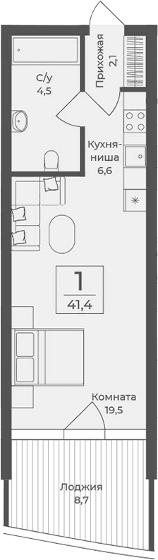 Студия, 32.7 м²