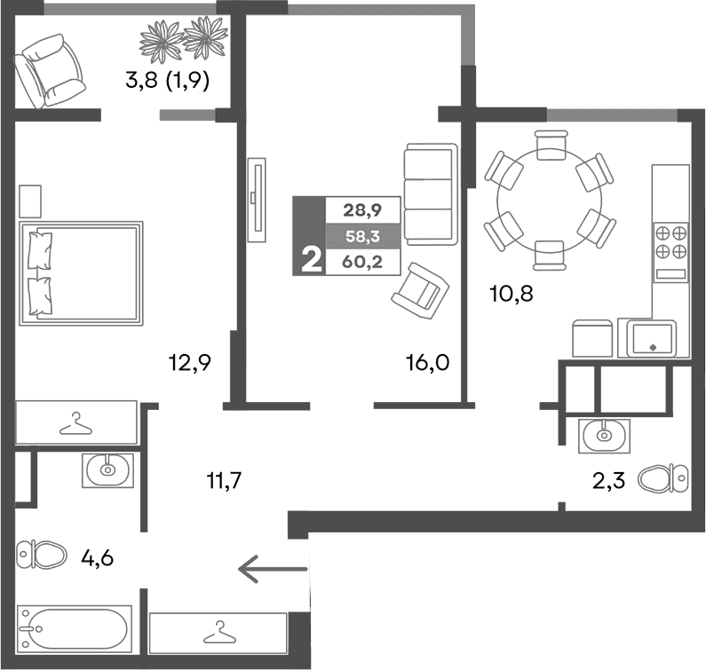 2-комн., 58.3 м²