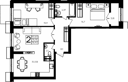 2-комн., 75.75 м²