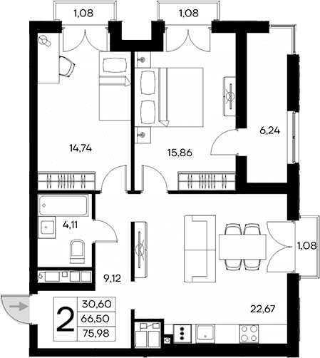 2-комн., 66.5 м²