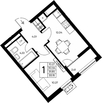 1-комн., 30.54 м²