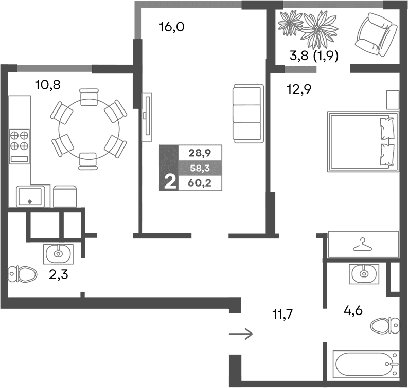 2-комн., 58.3 м²