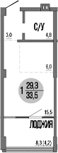 Студия, 29.3 м²