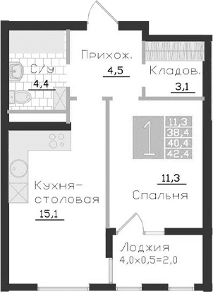 1-комн., 38.4 м²