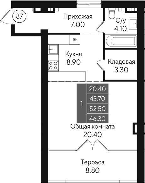Студия, 43.7 м²