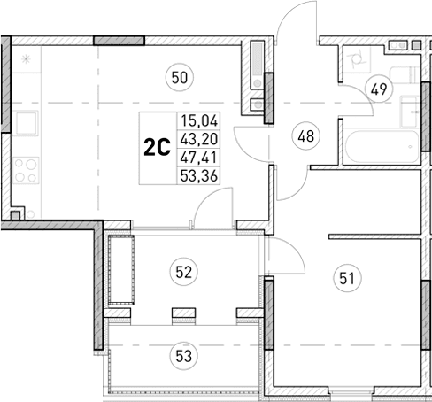 1-комн., 43.2 м²