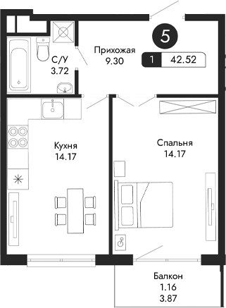 1-комн., 41.36 м²