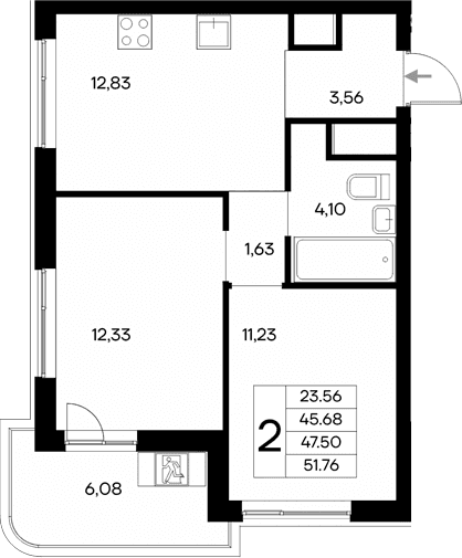 2-комн., 45.68 м²