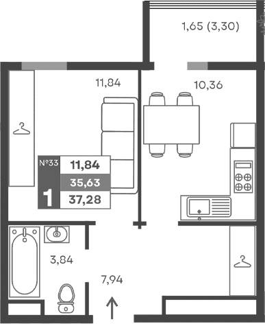 1-комн., 33.98 м²