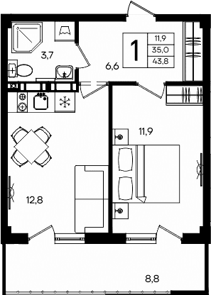 1-комн., 35 м²