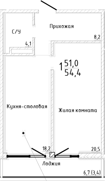 1-комн., 51 м²