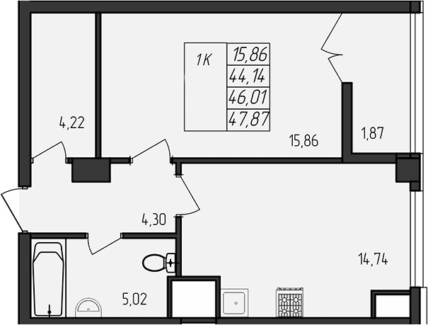 1-комн., 44.14 м²