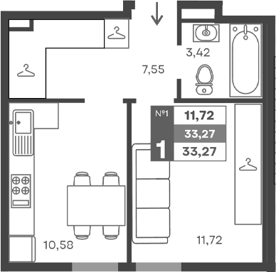 1-комн., 33.27 м²