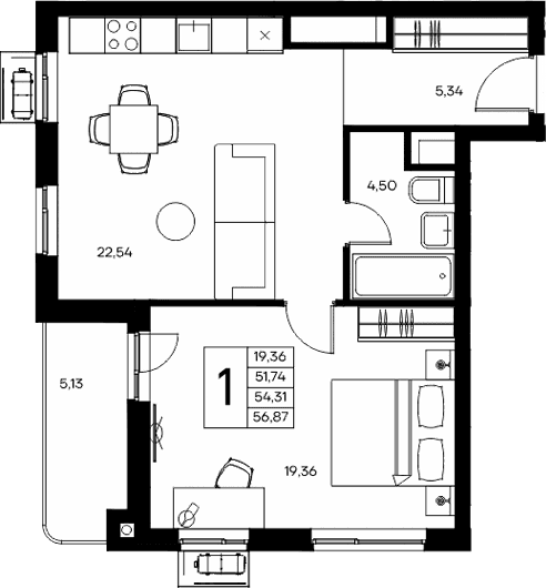 1-комн., 51.74 м²