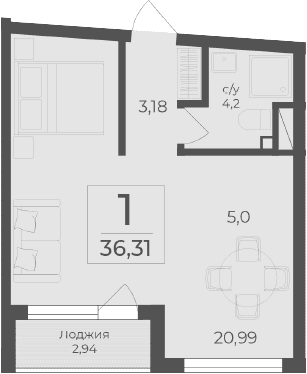 Студия, 33.37 м²