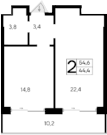 1-комн., 44.4 м²