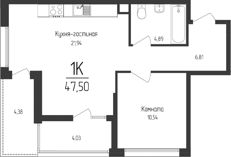 1-комн., 44.17 м²