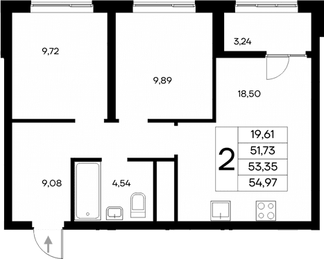 2-комн., 51.73 м²