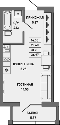 Студия, 29.57 м²