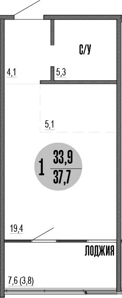 Студия, 33.9 м²